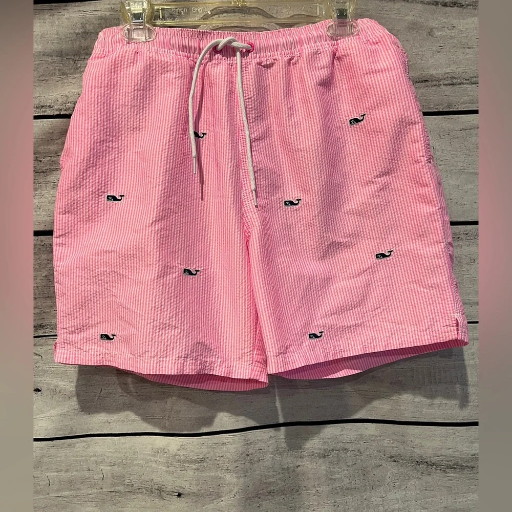 Vineyard Vines Pink Striped Swim Trunks Seersucker Whale Logo Pockets Drawstring
